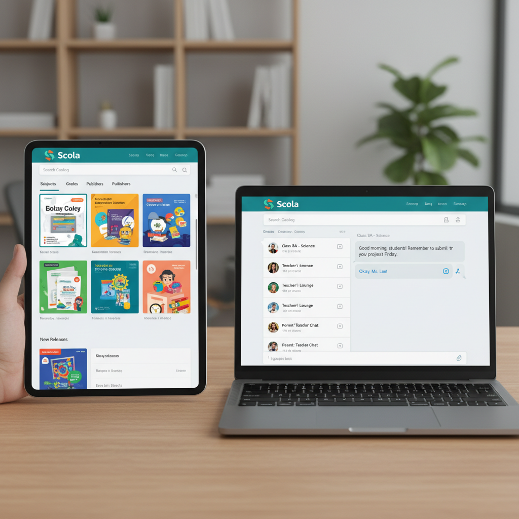 Interfața platformei Scola pe tabletă și laptop, catalog digital și comunicare