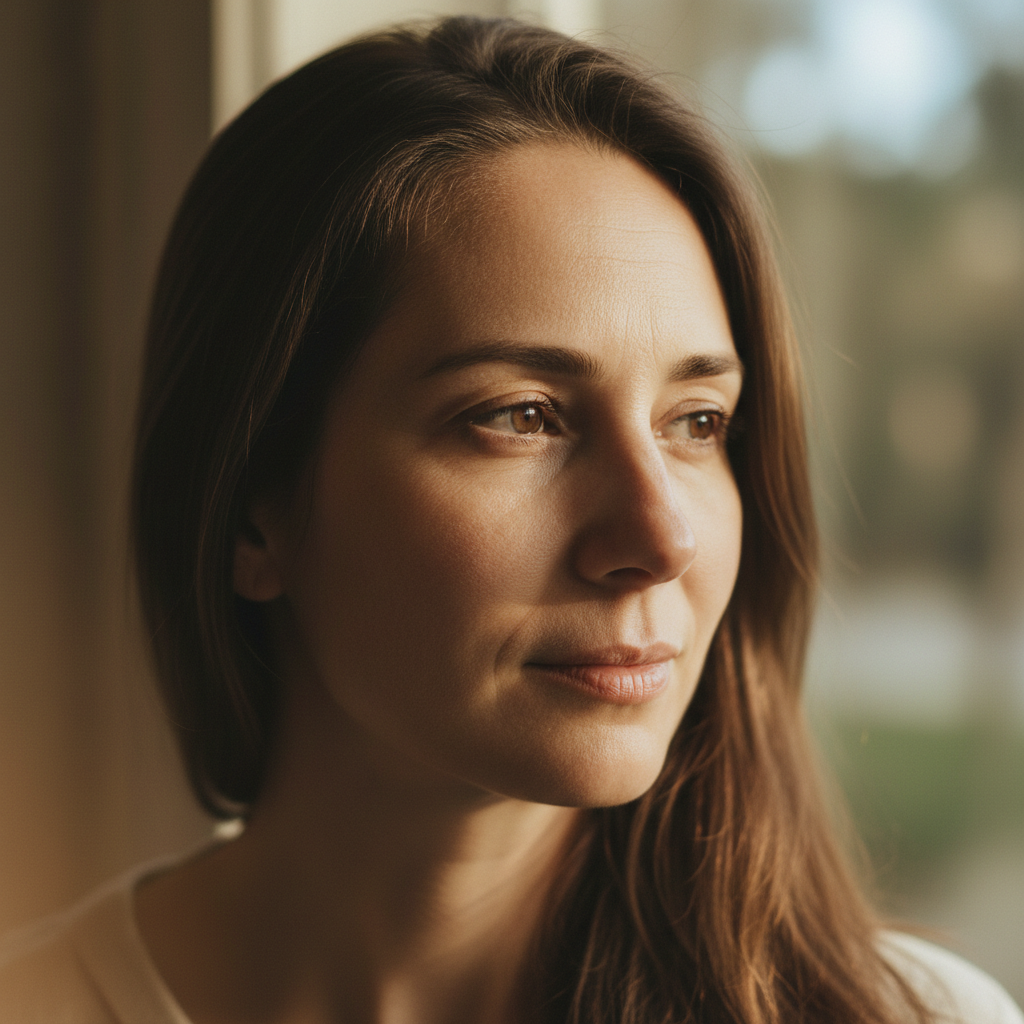 Survivor portrait, woman looking away with quiet strength