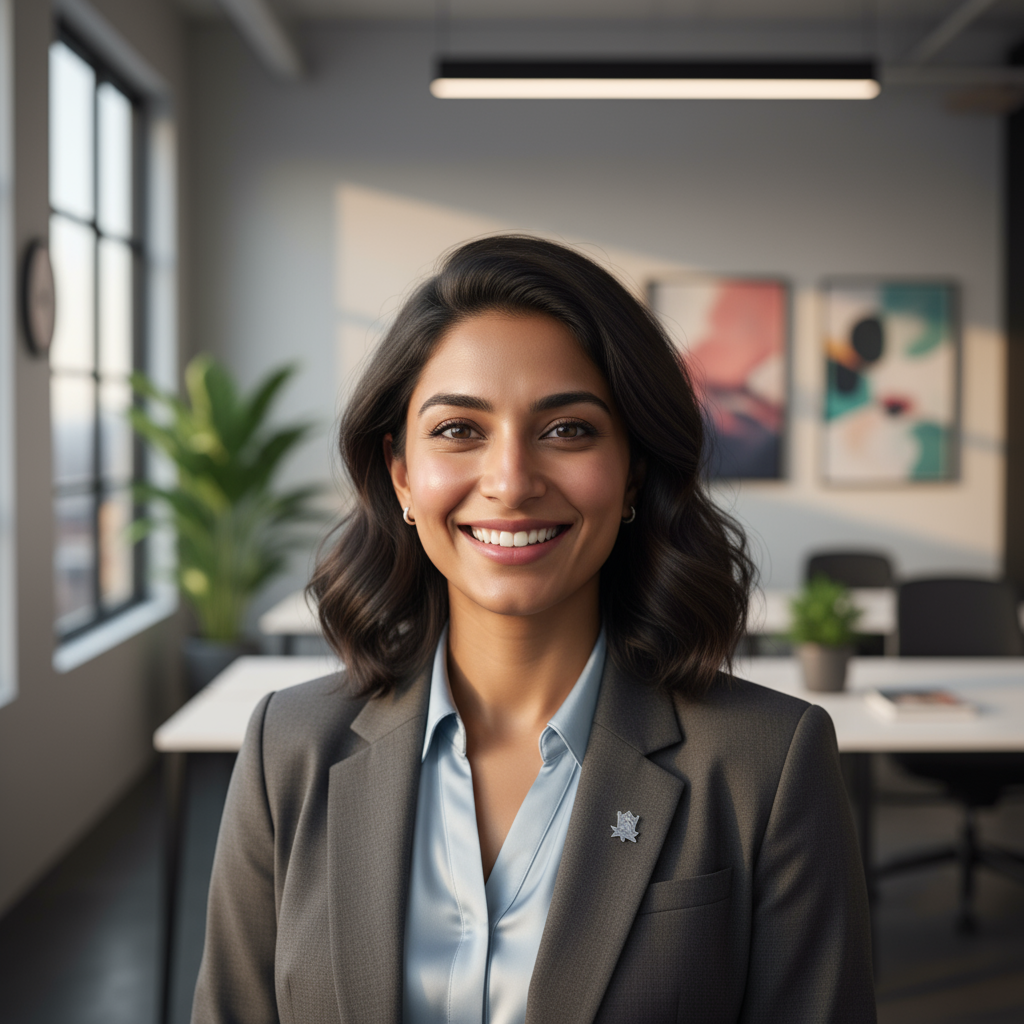 South Asian professional woman with warm smile in modern tech office environment