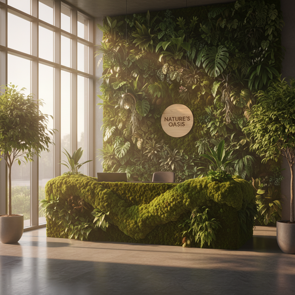 Artificial green wall installation with mixed tropical foliage in office reception