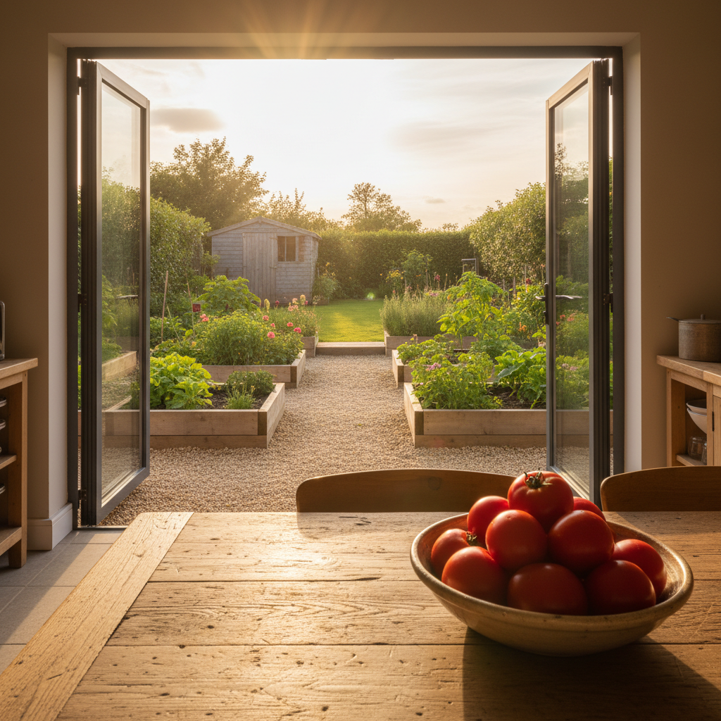 Golden-hour view from inside a kitchen through a fully retracted four-panel sliding glass wall, worn oak table with ceramic bowl of tomatoes in foreground, gravel path leading to raised garden beds beyond the open threshold