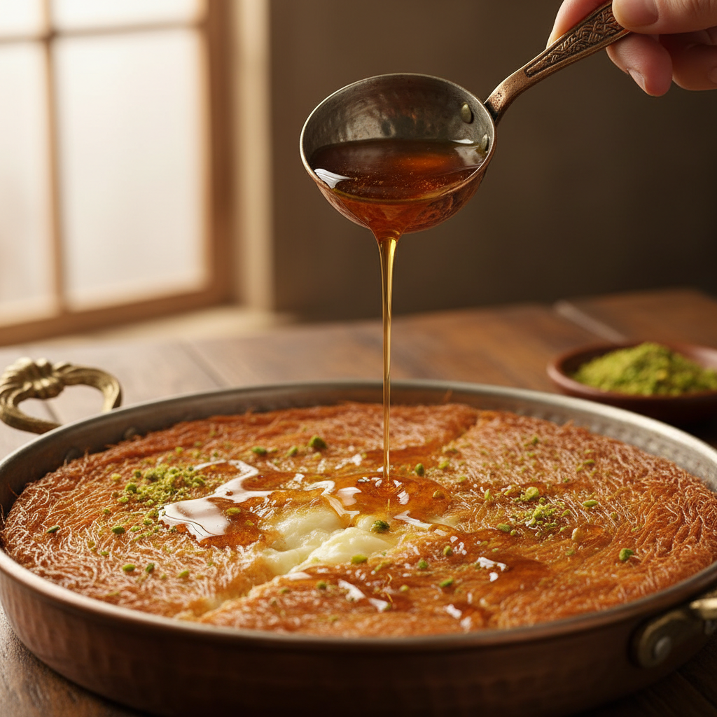 Künefe in a copper pan with syrup being poured over golden shredded pastry