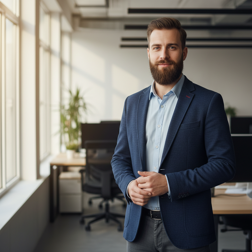 Hombre joven con barba corta y sonrisa, fondo difuminado, aspecto casual profesional