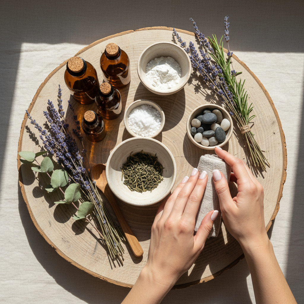 Hands curating wellness products on a wooden tray — amber bottles, dried herbs, and ceramic vessels arranged with intention
