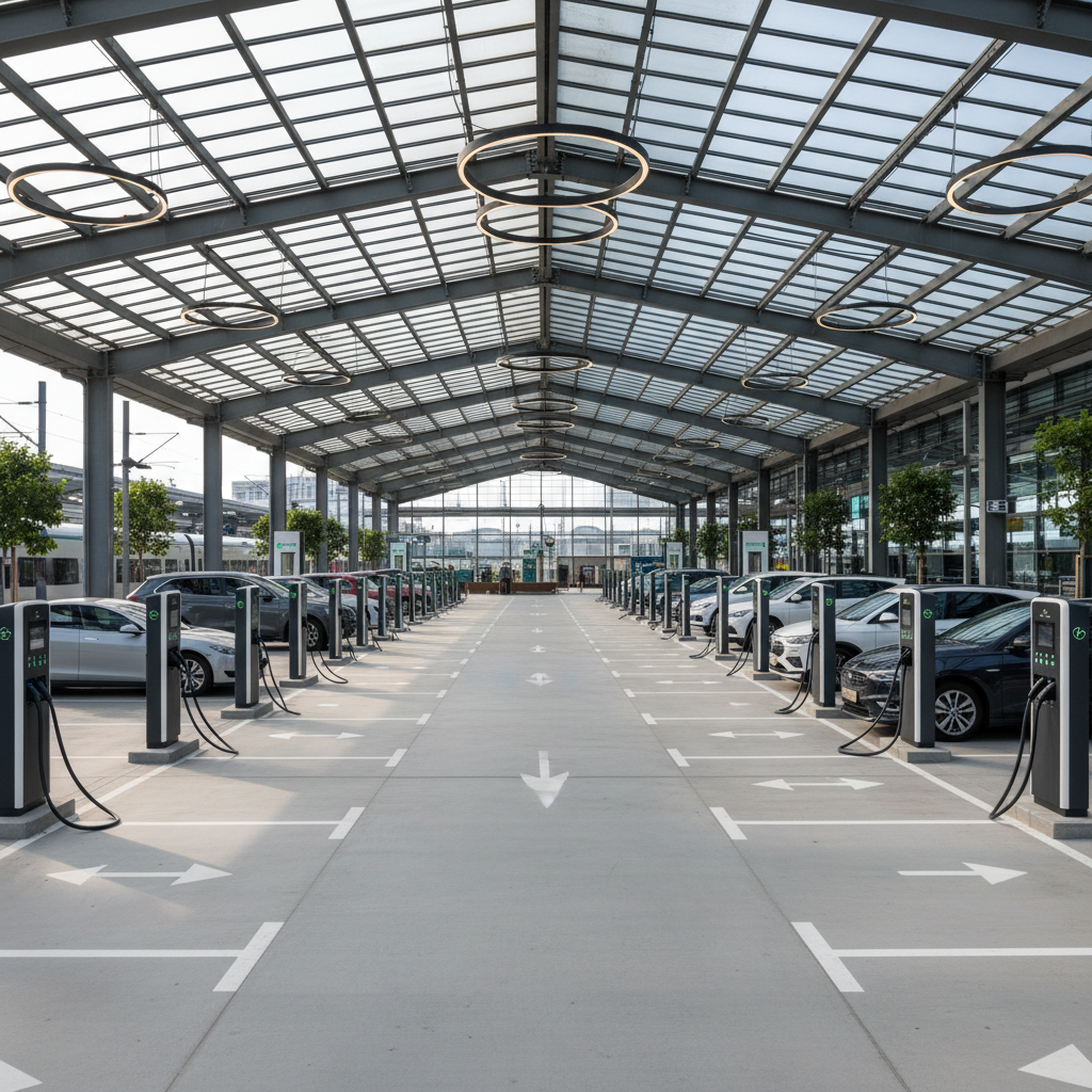 Electric vehicle plugged into charging station in parking lot with solar canopy