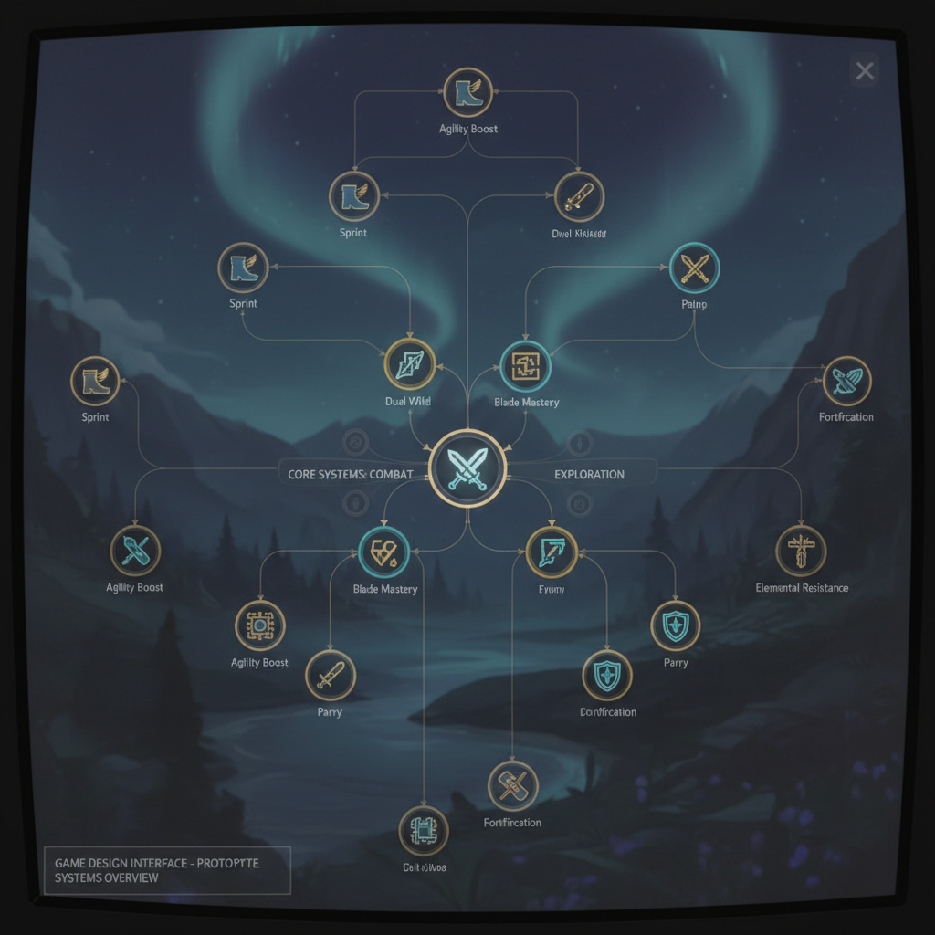 Dimmed skill tree UI screenshot showing game design systems interface