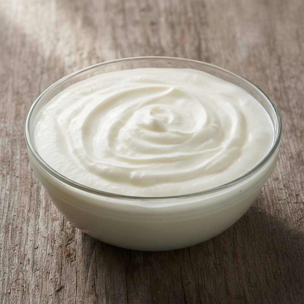 Glass of creamy white yoghurt drink on a wooden surface