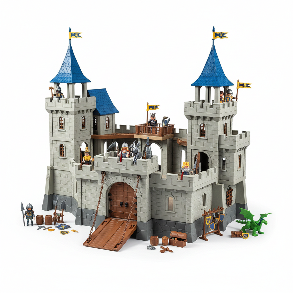 Large Playmobil medieval castle set with towers and drawbridge, all pieces counted and verified complete