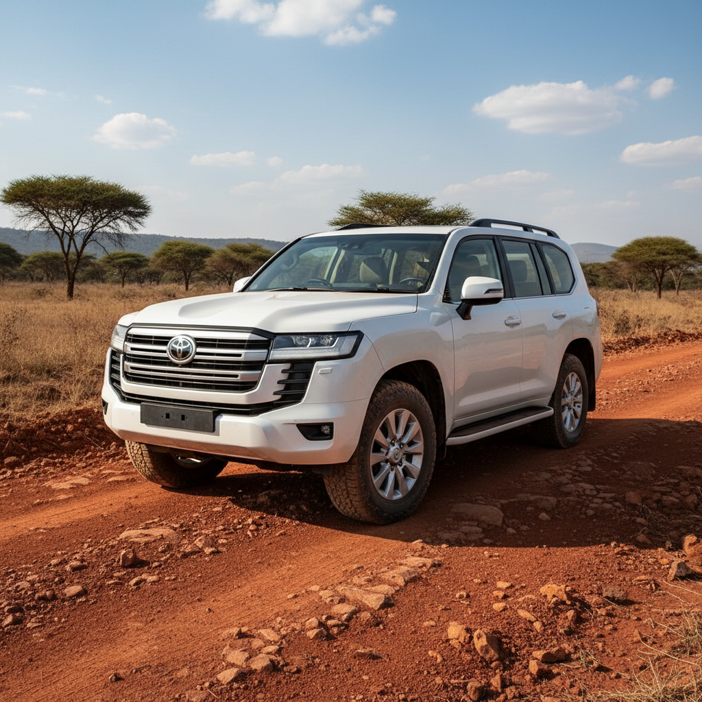 White Toyota Land Cruiser 4x4 SUV on dusty road, bright sunlit environment, outdoor terrain