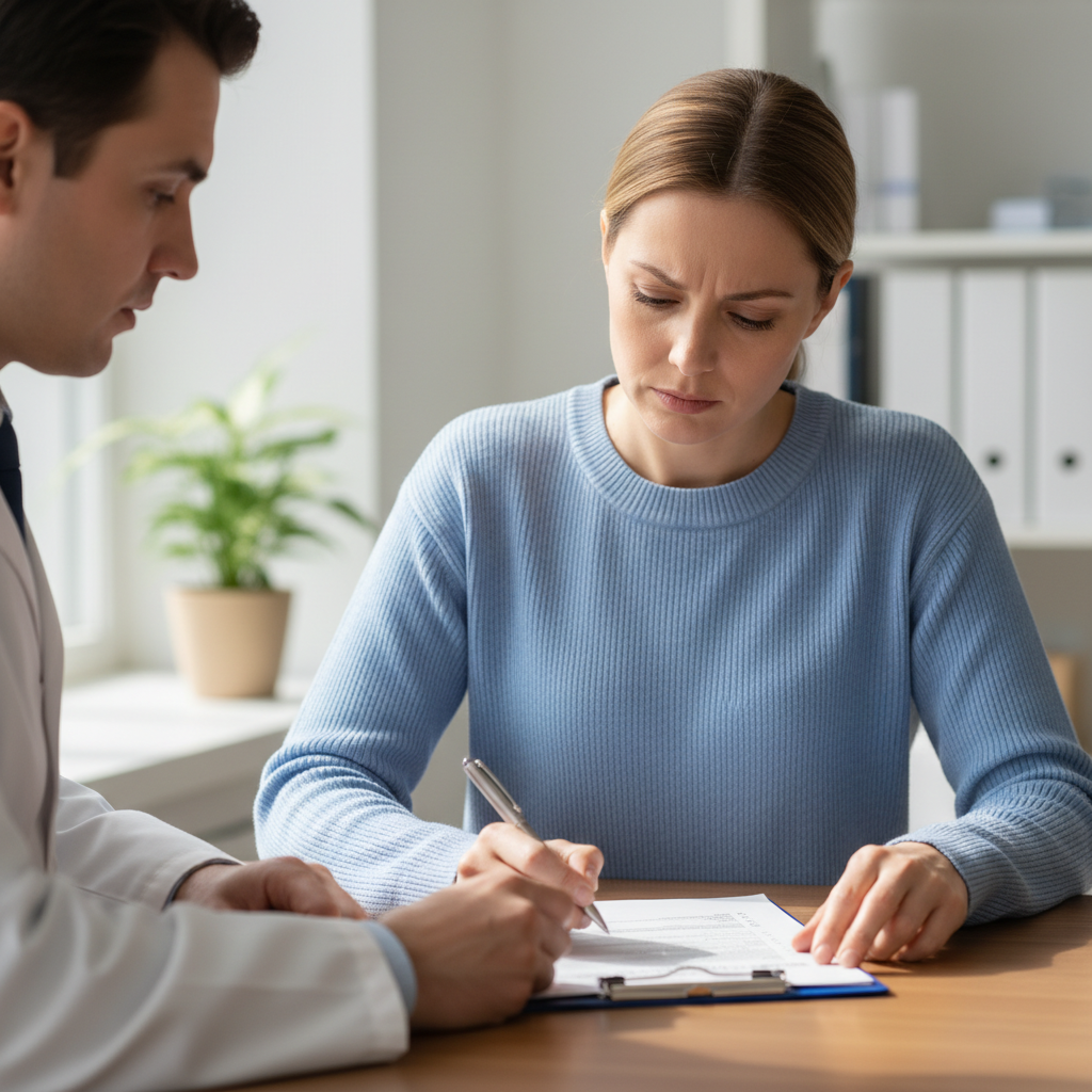 Patient filling out consultation form with medical coordinator