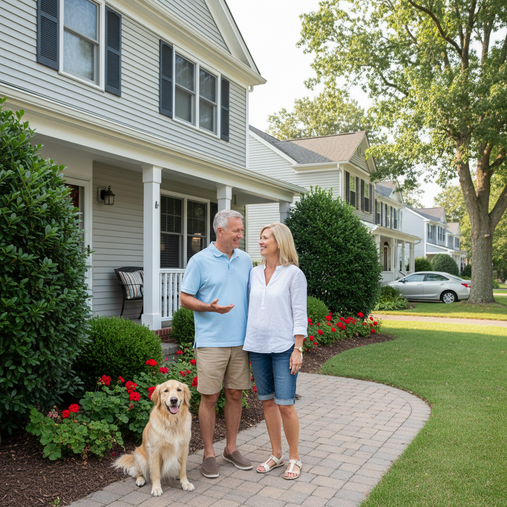 Happy golden retriever dog with gay couple in West Hollywood neighborhood park
