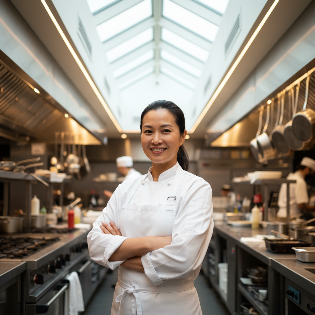Smiling Filipino woman in her 40s with short black hair wearing chef's apron in restaurant kitchen