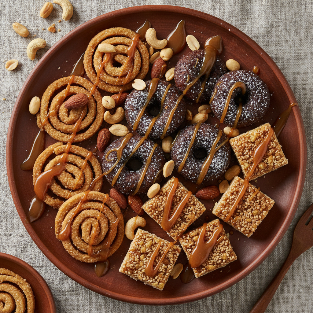Dessert platter with caramel drizzle, roasted nuts and traditional Zimbabwean sweets on a clay plate