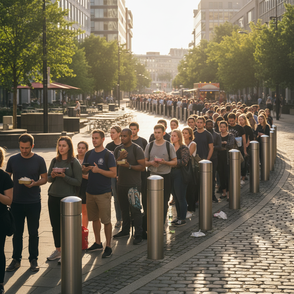 Long lunch queue snaking past parking bollards in the afternoon sun