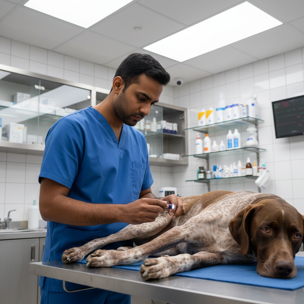 Veterinarian performing emergency examination on a large breed dog in surgical suite