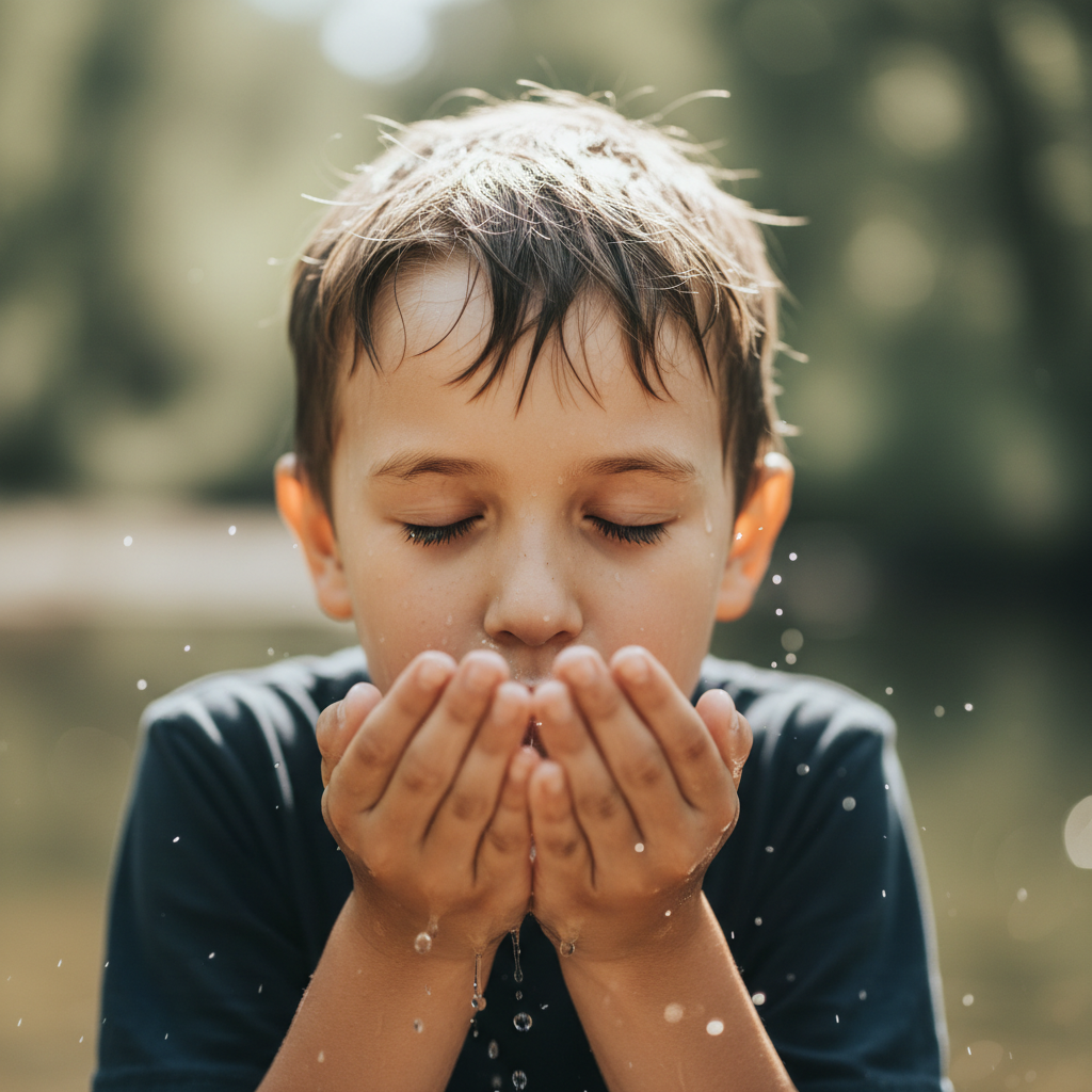 Close-up portrait of a young boy drinking clean water from cupped hands, eyes closed in relief