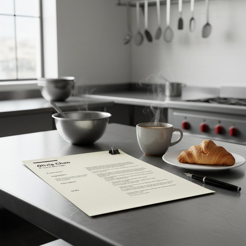 Professional resume document laid across a station kitchen table