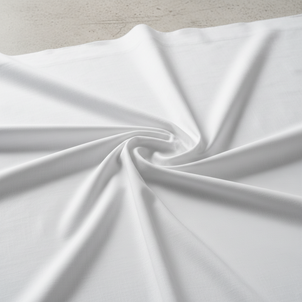 Crisp white cotton poplin shirting fabric stacked neatly in a bright airy textile showroom in Bhiwandi