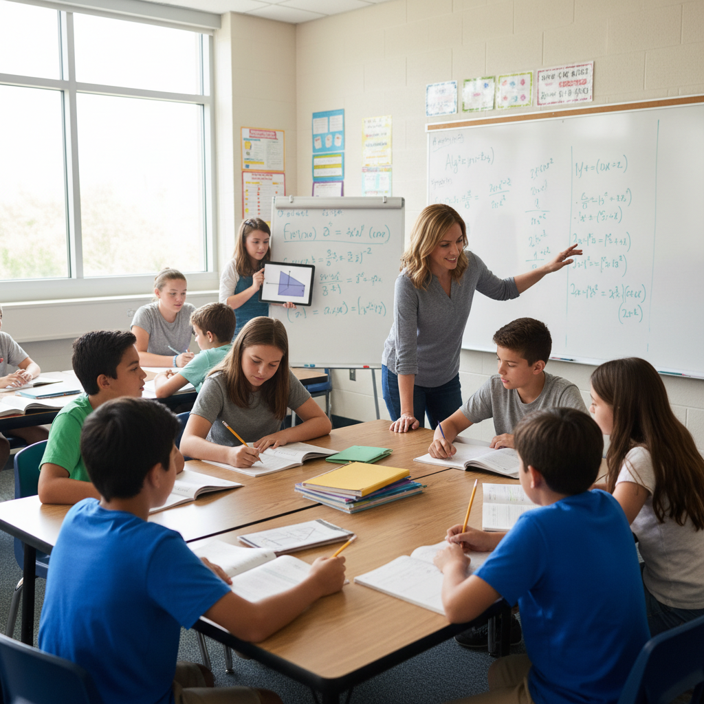 Focused middle school students working on algebra problems with supportive instructor