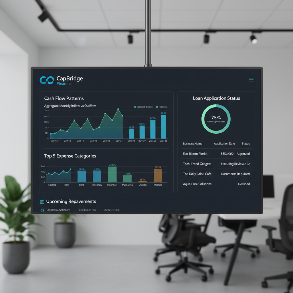 CapBridge financial dashboard showing cash flow patterns and loan application status for small businesses