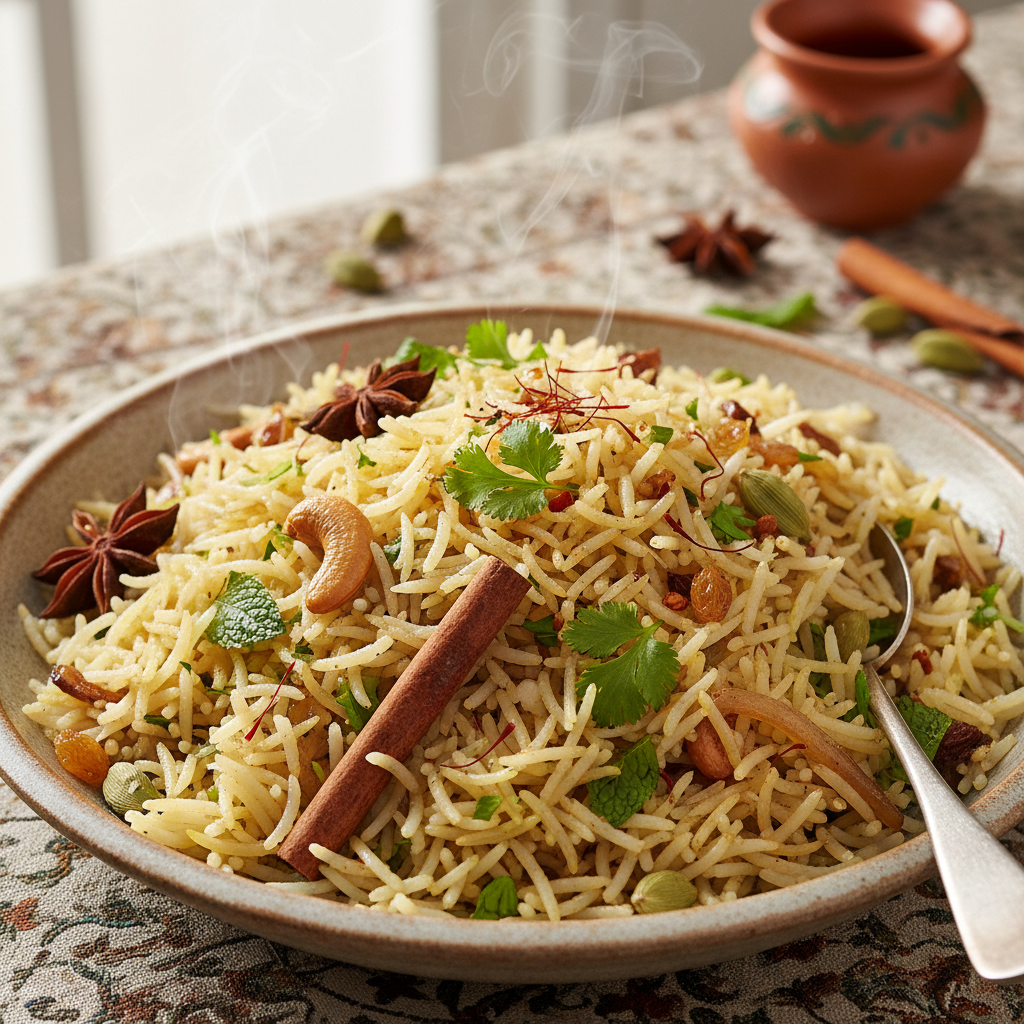 Overhead shot of basmati rice with whole spices — cardamom pods, cinnamon sticks, dried limes