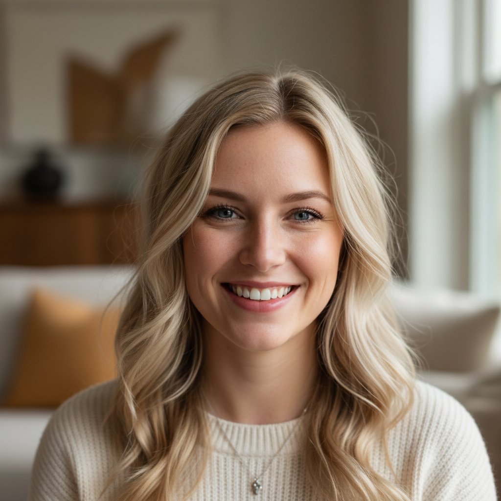 Claire Fontaine, white woman with blonde hair, homeowner casual portrait