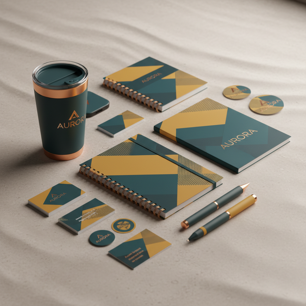 Consistent brand kit showing multiple product photos with unified visual identity and color palette