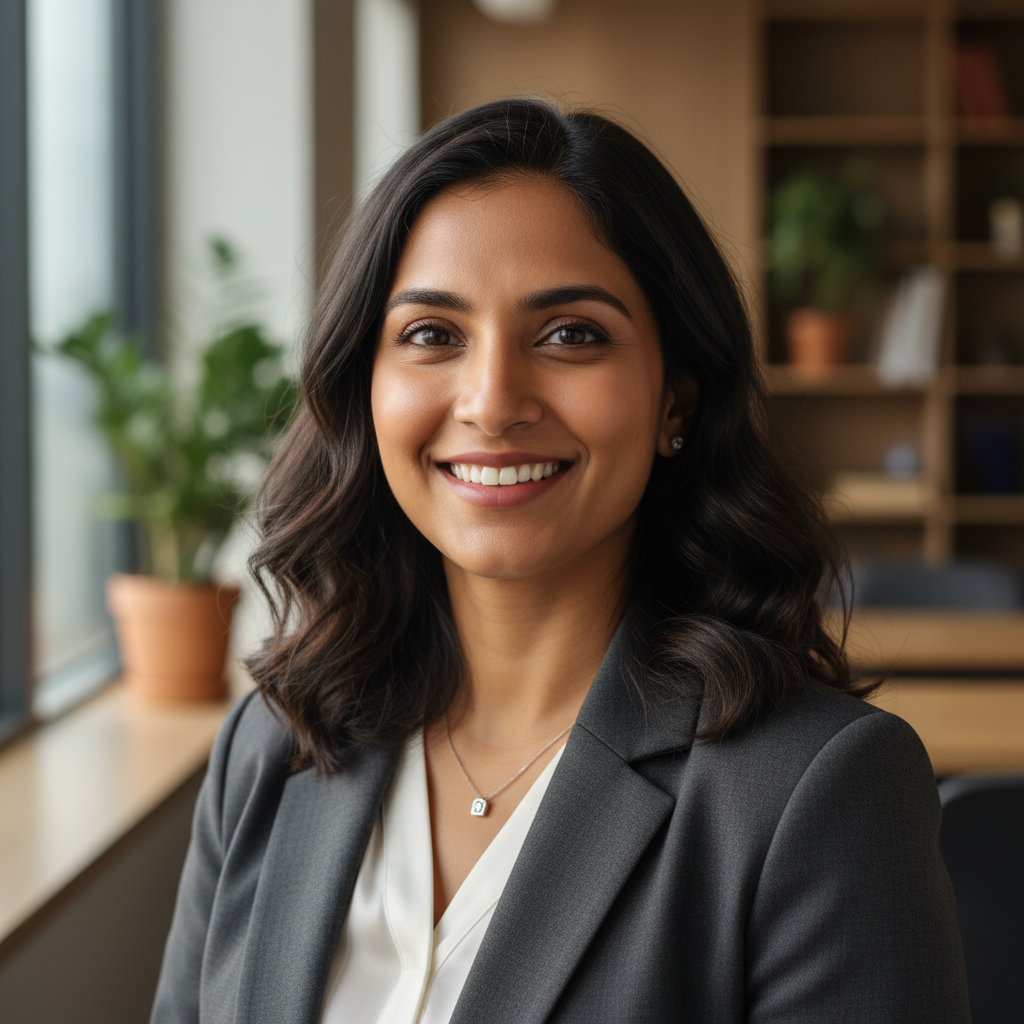 Professional Indian woman in business attire, founder of cab service
