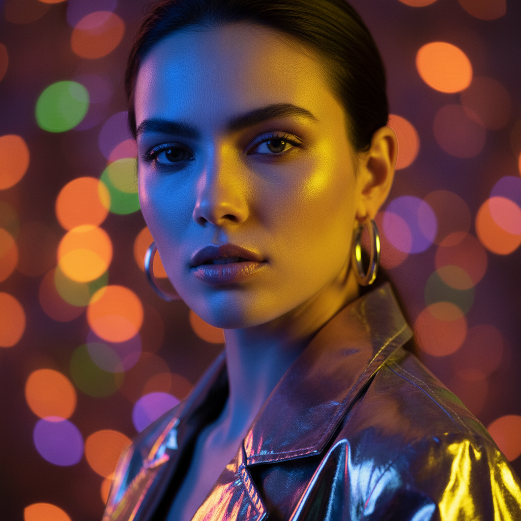High fashion editorial photography with model in designer clothing, bold colors and strong composition