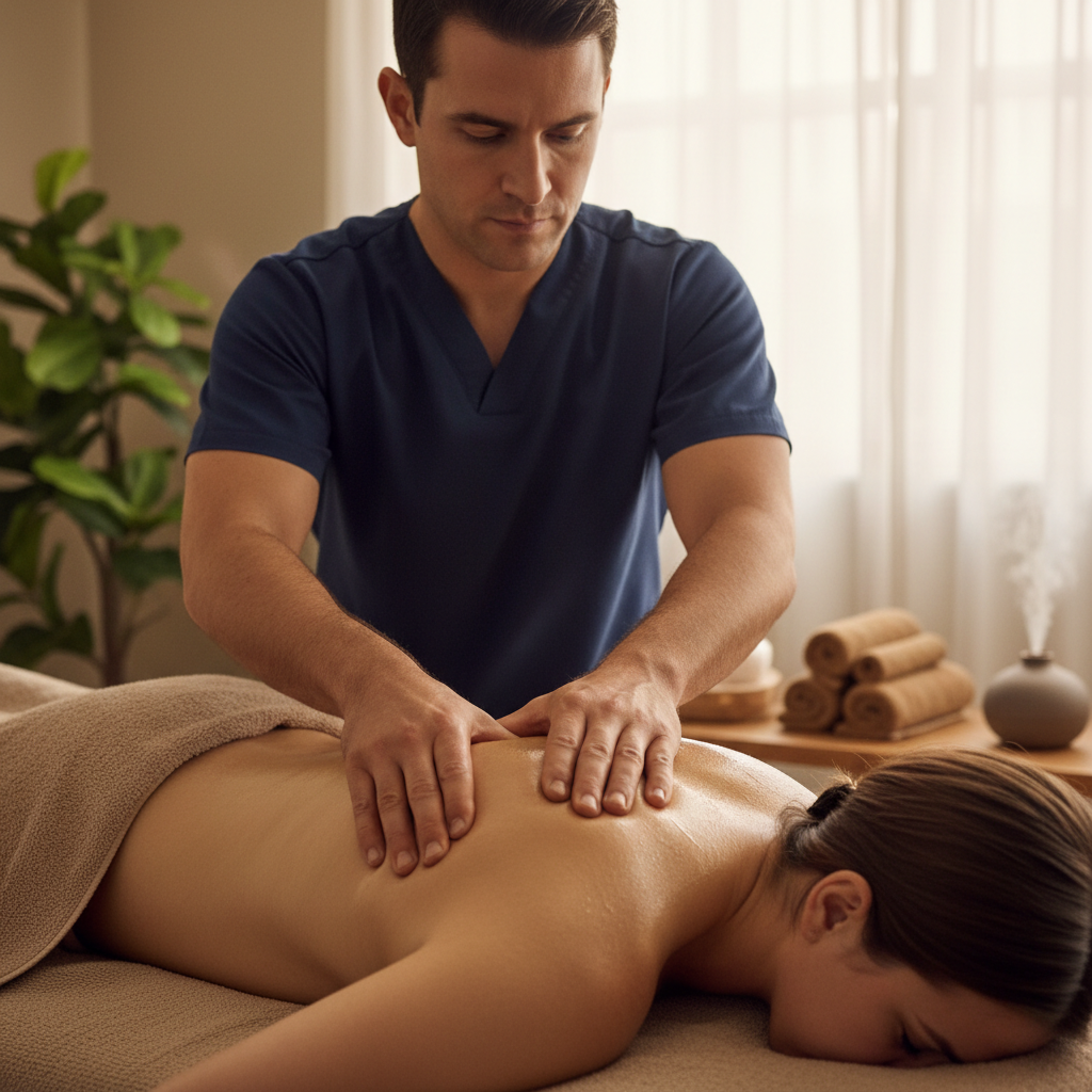 Sports massage therapist applying deep tissue technique to athlete's back muscles
