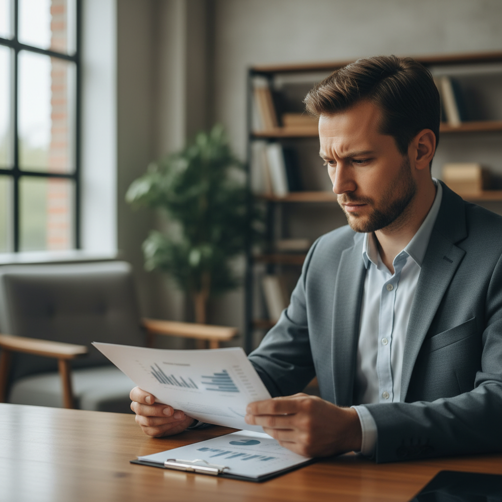 Professional reviewing a detailed report document at a clean desk in a modern office