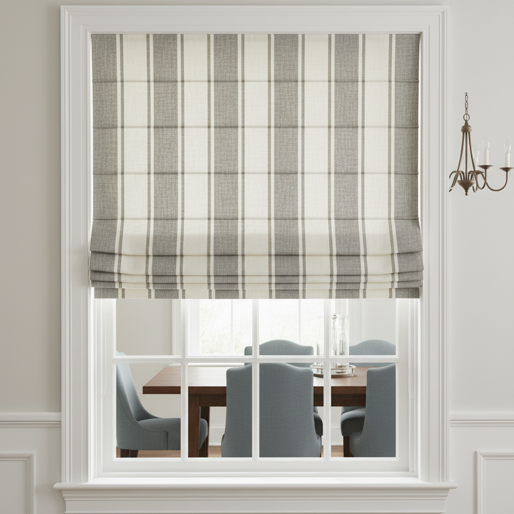 Elegant dining room with Roman shades in neutral tones
