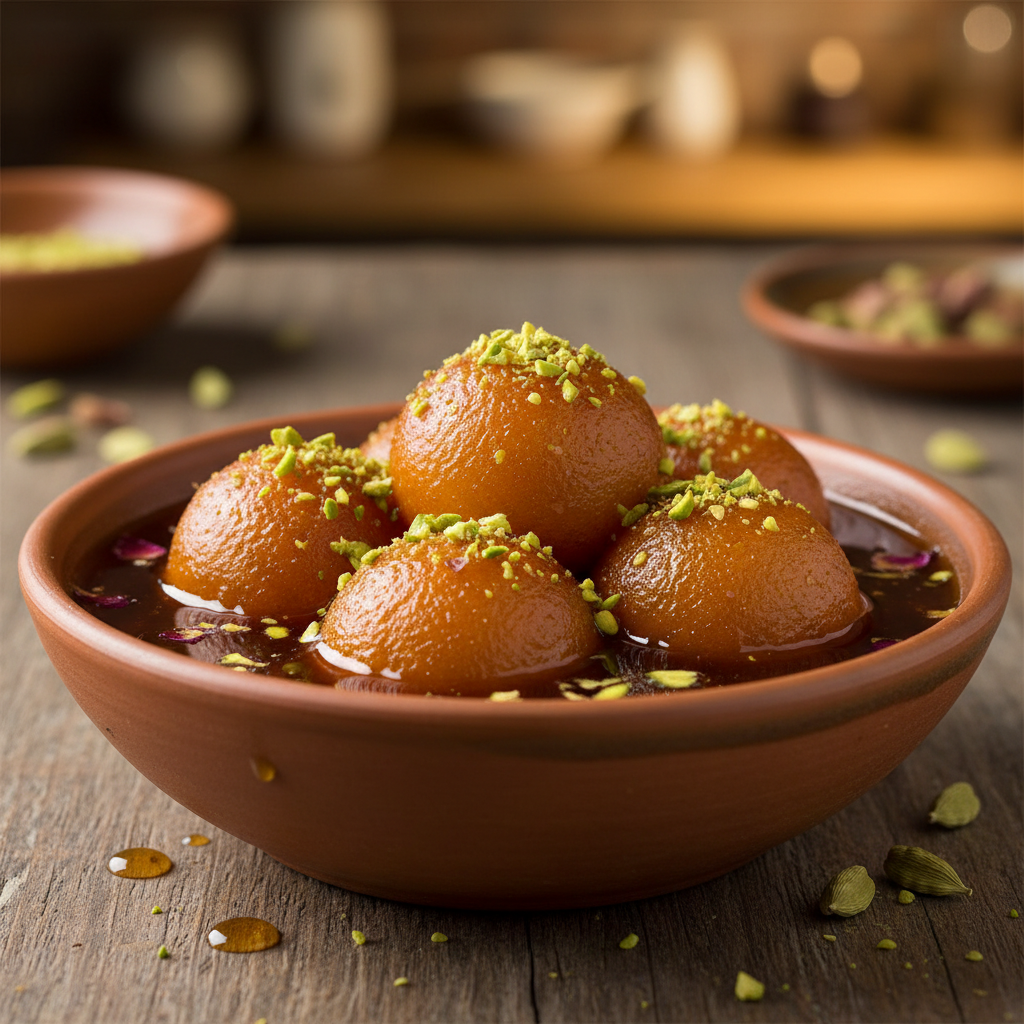 Traditional gulab jamun in golden syrup garnished with pistachio on dark plate
