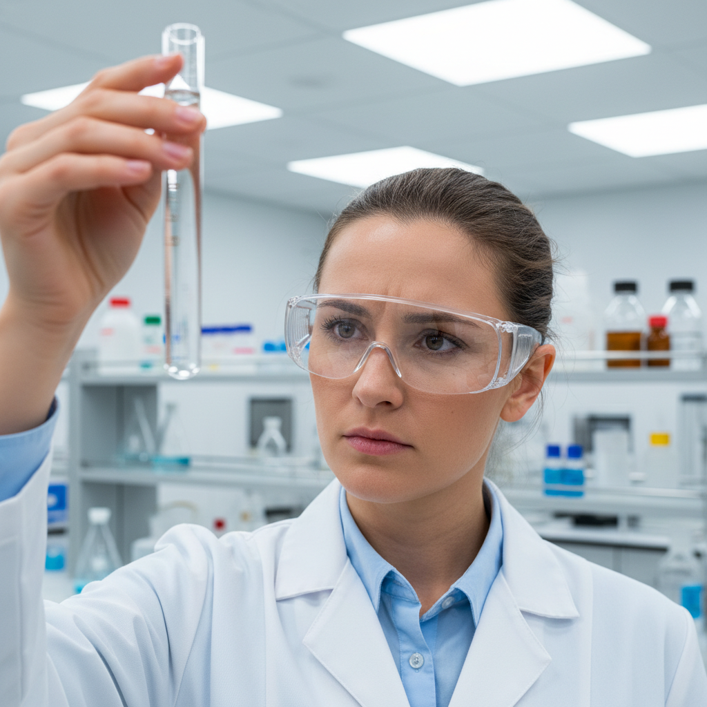 Dr. Funmilayo Adeyemi, chemist examining cleaning solution in laboratory