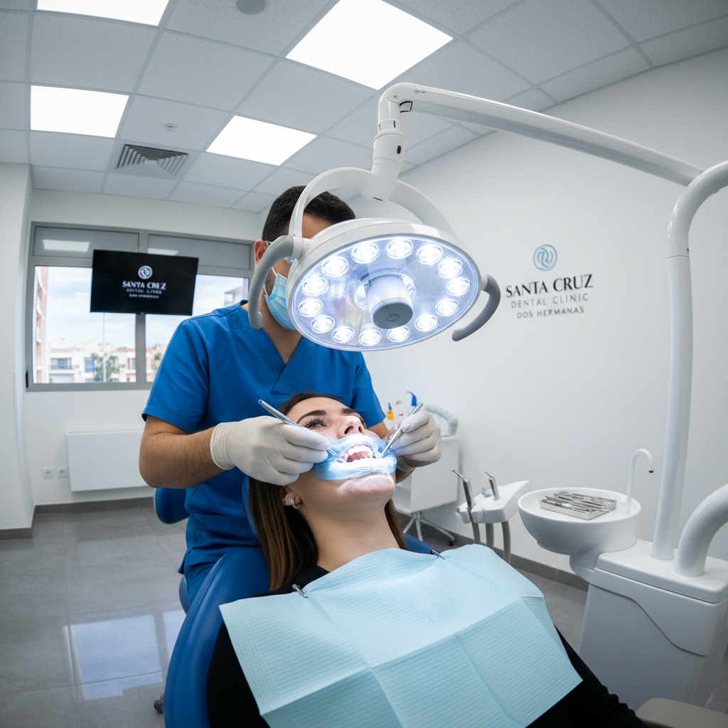 Dentist performing routine cleaning in bright modern dental clinic with warm overhead lighting