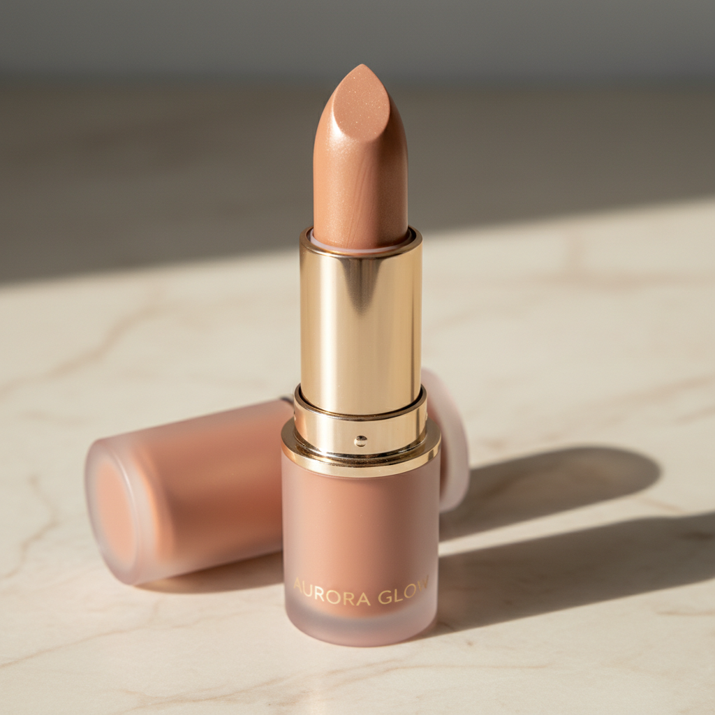 Elegant rose-toned lipstick tube on cream marble surface, soft beauty product photography