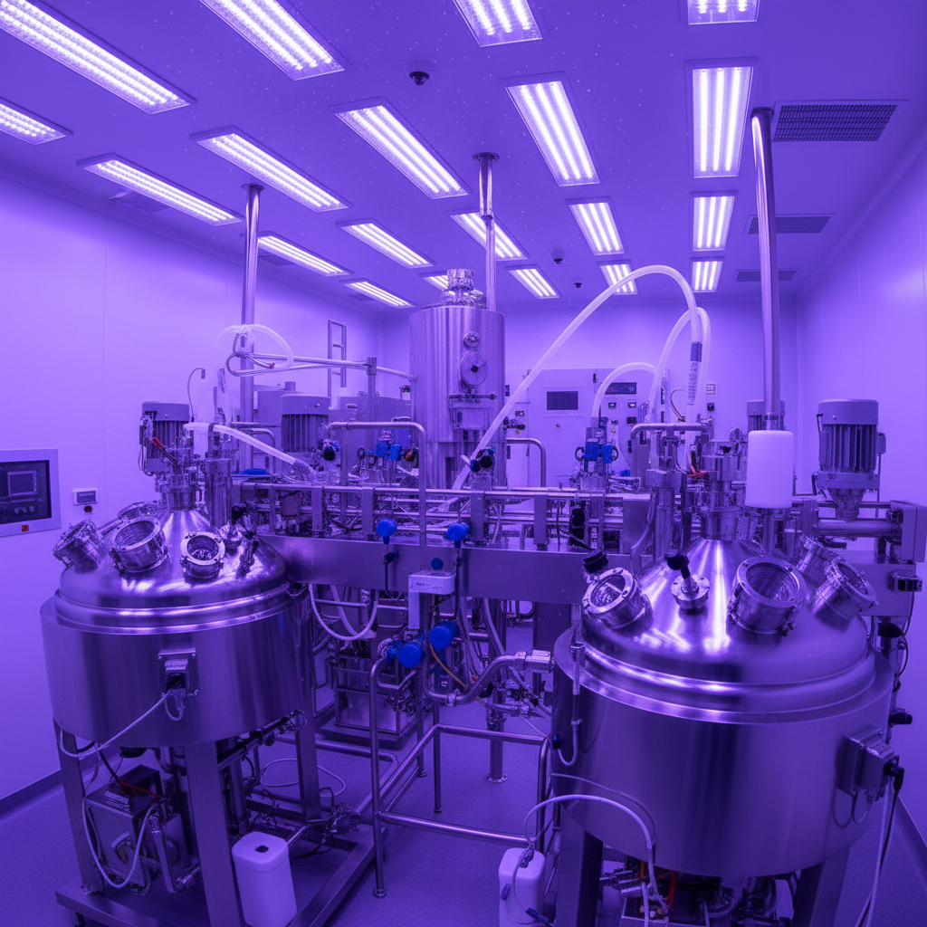 UV sterilization chamber with violet light illuminating pharmaceutical equipment