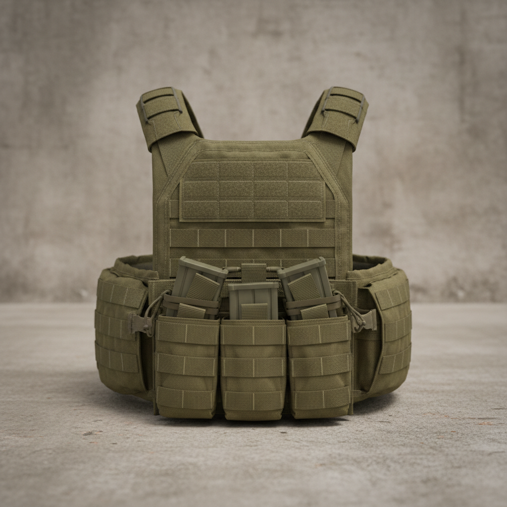 Tactical plate carrier vest with MOLLE webbing on dark background, military olive drab color