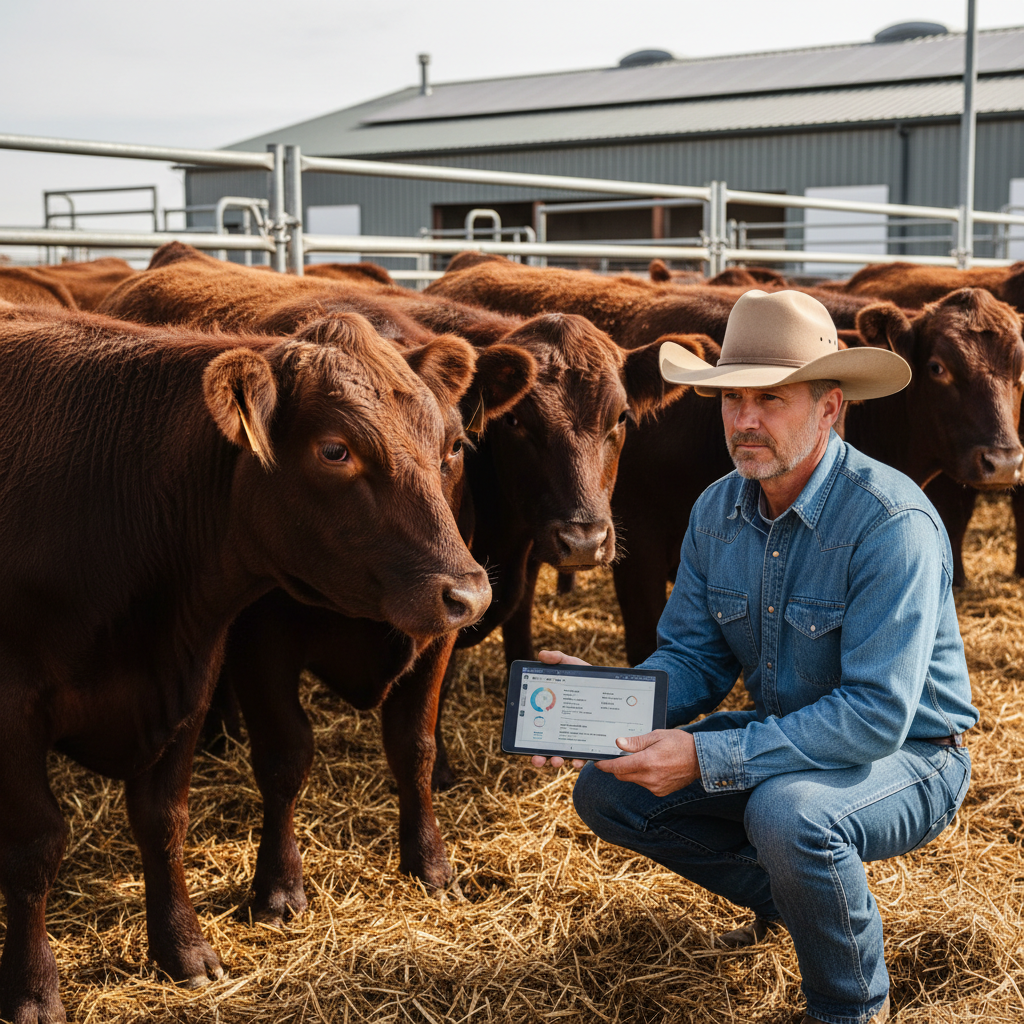 Farmer reviewing feed records in modern livestock building, data analysis, efficient management