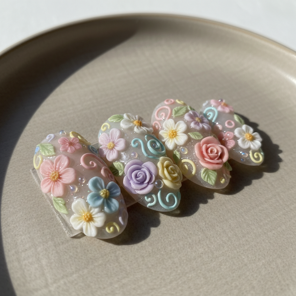 Intricately hand-painted floral nail art with gold accents on blush base, soft diffused daylight, airy clean environment