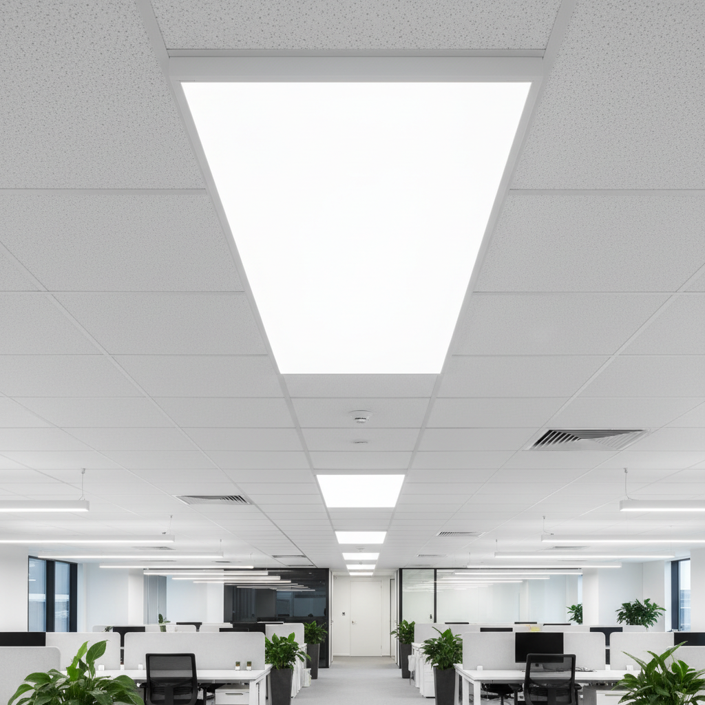 Bright modern interior with warm LED panel lighting illuminating a clean white ceiling in dim ambient room