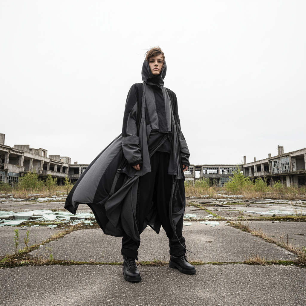 Model in oversized deconstructed blazer, editorial fashion shoot, dramatic lighting and shadows