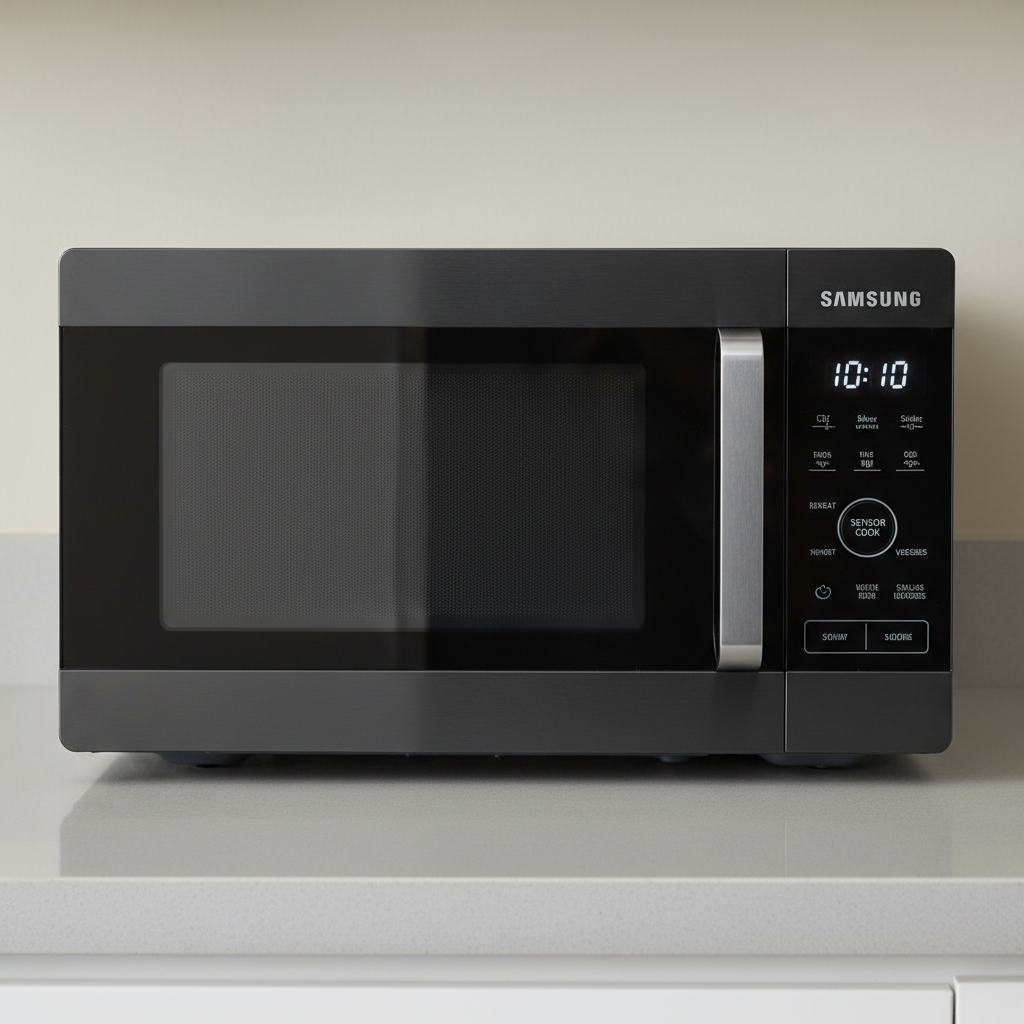 Black microwave oven with digital display on kitchen counter