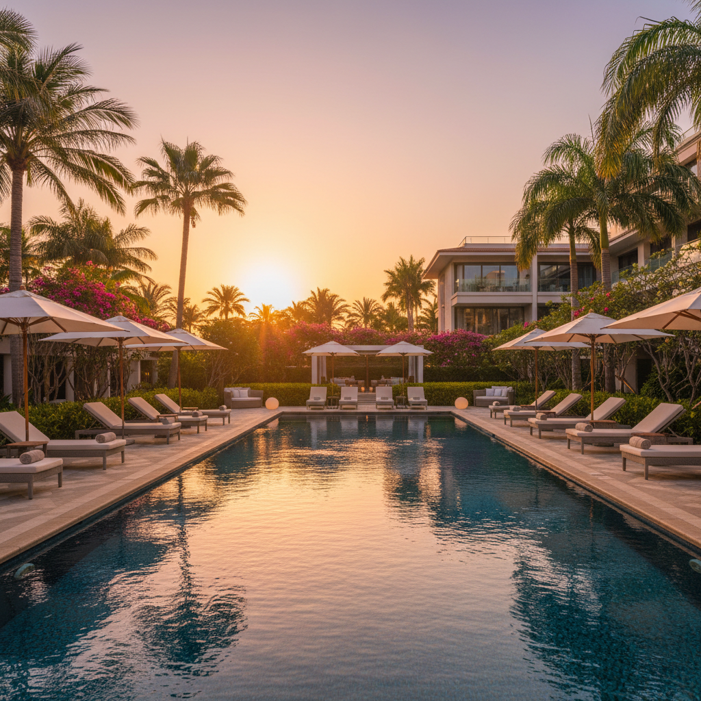 Luxury hotel pool at golden hour — aspirational travel content