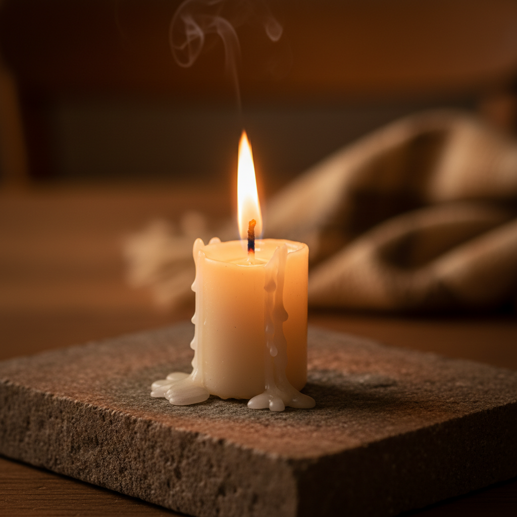 Single lit candle on raw stone surface, flame caught mid-flicker with golden light spilling across the frame