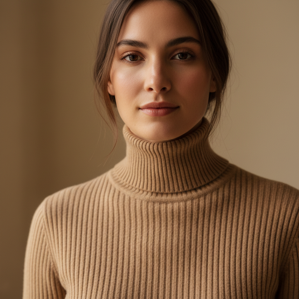 Model in cashmere turtleneck in bright minimalist environment, clean ivory walls