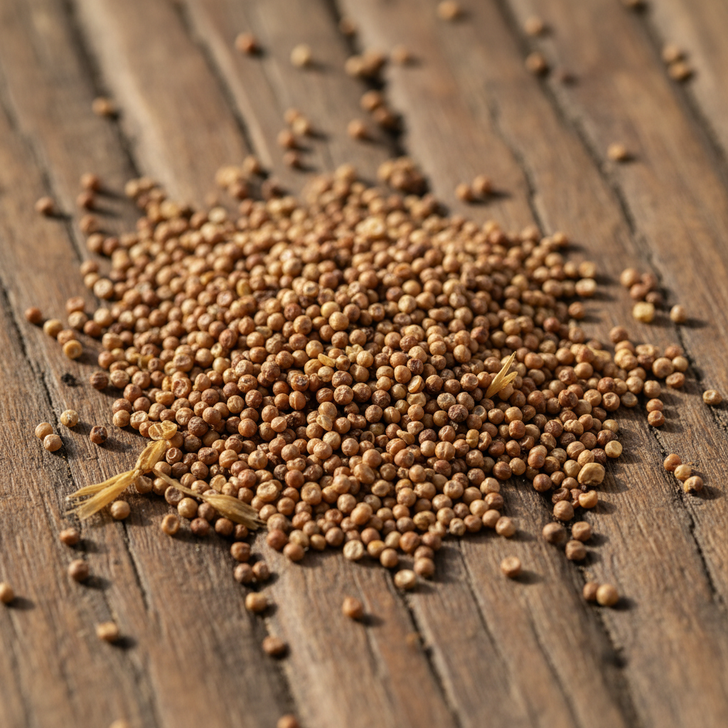Fine brown teff grain close-up with earthy tones
