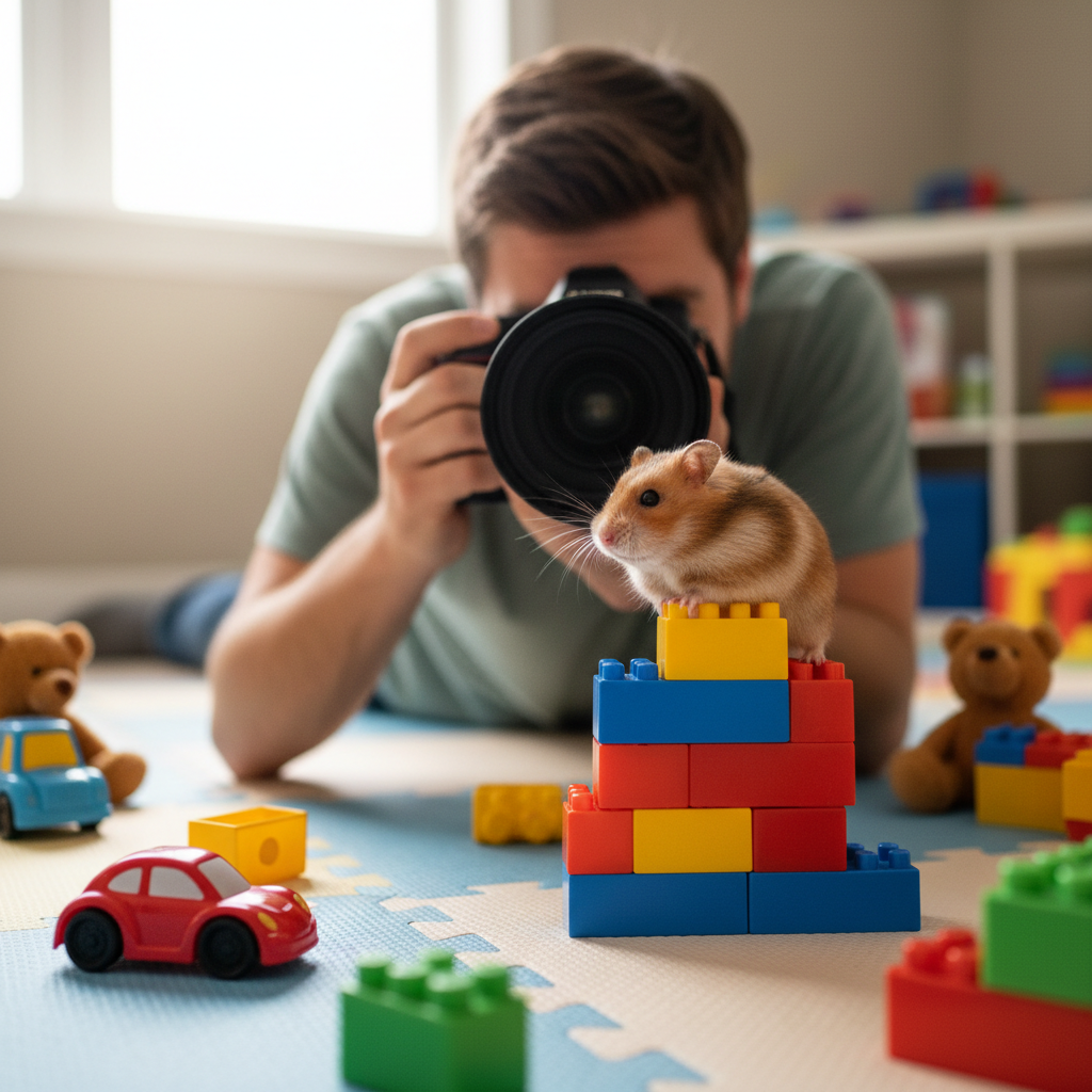 Photographer lying flat on a playroom floor pointing a macro lens at a hamster