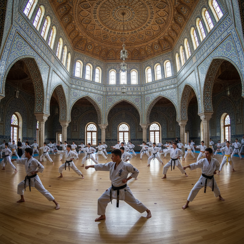 Spacious martial arts training hall in Ankara with high ceilings, traditional Turkish architectural elements, and students in white uniforms