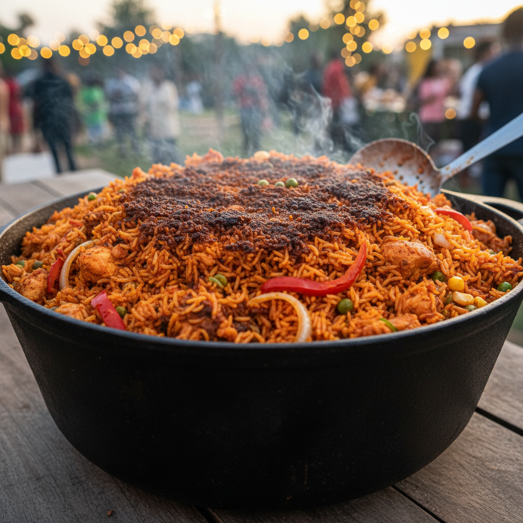 Smoky jollof rice with grilled chicken on dark plate, warm amber restaurant lighting, rich deep shadows